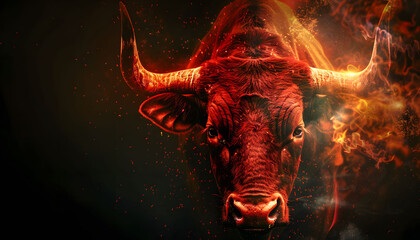 A fierce bull with glowing horns is highlighted against a dramatic red smoky background, implying power and aggression