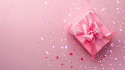 Festive pink background Gift with satin bow and shining stars on light pink pastel background Christmas Wedding Birthday Happy womans day Mothers Day Valentines Day Flat lay top view : Generative AI
