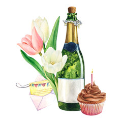 Tulip champagne cupcake watercolor drawing. Bottle flower candle birthday chocolate cream. Cake muffin letter invitation dessert illustration. Greeting card aquarelle. Isolated on white background