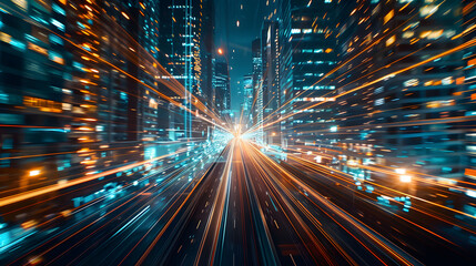 Digital art concept depicting modern cityscape with high-rise buildings. Dynamic light streaks evoke a sense of high-speed 5G connectivity.