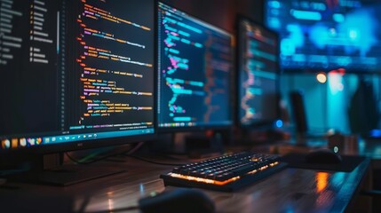 Abstract visualization of programming code with software development concepts on a digital background