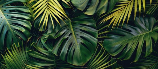 Flat lay view of tropical palm leaves from above - obrazy, fototapety, plakaty