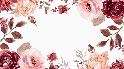 watercolor rose gold floral frame border with pink and maroon flowers on white background. banner template design for wedding invitation card template with copy space