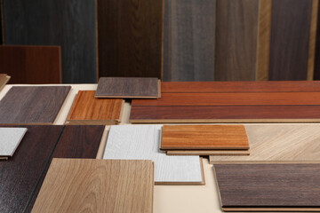 Many different samples of wooden flooring indoors