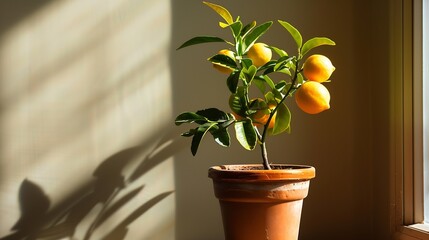Potted citrus plant with ripe yelloworange fruits copy space Closeup of indoor growing lemon Volcameriana tree  Elegant home decor template Home gardening hobby : Generative AI