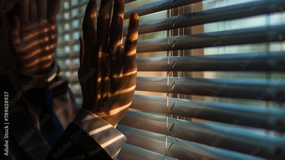 Poster closeup of hands of business man view through blinds : generative ai