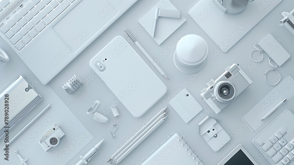 Leinwandbilder Office tools Digital technology Innovative implementation in business Internet applications Wireless function Tablet phone and camera Developing applications on the Internet Flat lay p : Generative AI