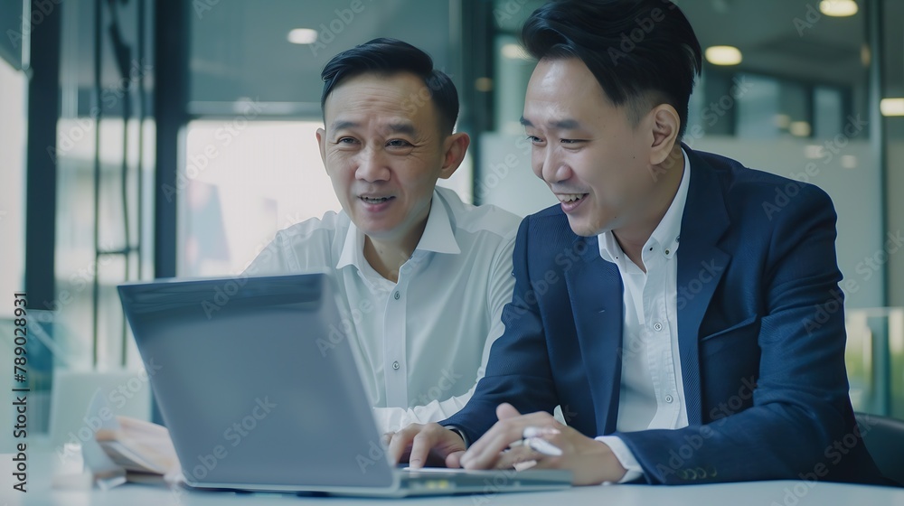Poster two asian businessmen having a discussion during meeting and working on laptop computer in modern of