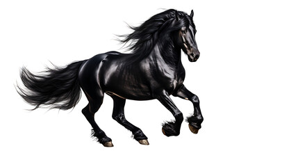  Black Friesian Horse Galloping, Full Body Shot on a white background