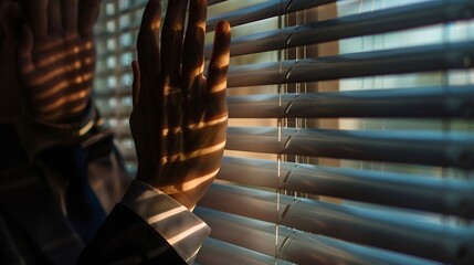 Closeup of hands of business man View through blinds : Generative AI
