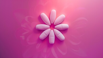 Flat lay image of pills in the shape of a flower on magenta pink background : Generative AI