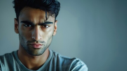 Closeup portrait of hispanic indian male serious young student man freelancer model stand indoor posing at camera with confident deep look millennial ethnic handsome brunet guy show fa : Generative AI - Powered by Adobe