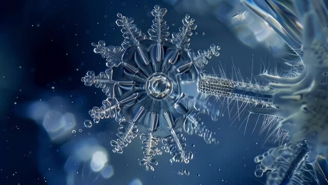 A stunning image of a microscopic diatom its intricate silica shell resembling a delicate snowflake. These tiny algae play a vital . AI generation.