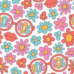 Retro 60s groovy psychedelic seamless background. Cartoon hippie style daisies, glasses, lips pattern