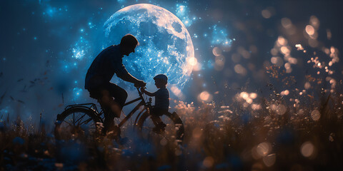 Fathers day theme with father riding bike with his child on the meadow against giant full moon