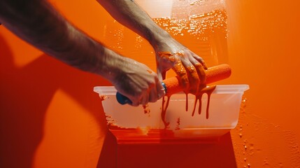 Closeup of a mans hand picking up paint with a roller from a plastic tray to paint a wall orange Closeup : Generative AI
