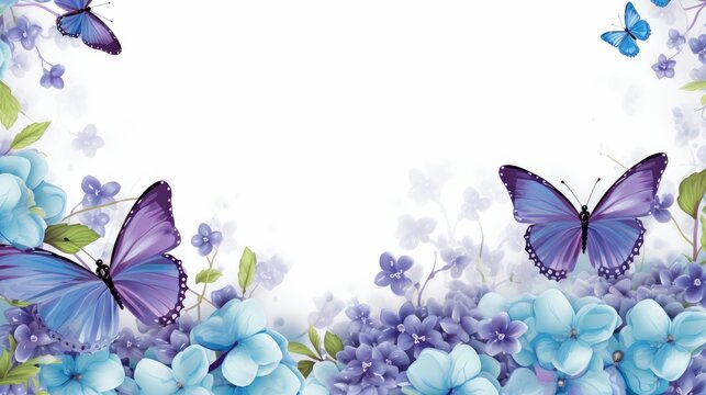 photo frame with blank background of blue flowers and butterflies