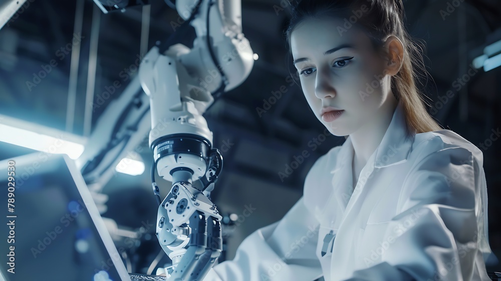 Poster Close Up Portrait of a Young Robotics Engineer Using Laptop Computer Analyzing Robotic Machine Concept in a High Tech Factory Female Scientist Manipulate and Program the Robot for Work : Generative AI