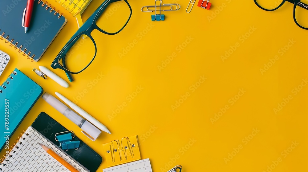 Poster school stationery on a yellow background top view with copy space flat lay back to school concept : 