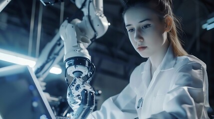 Close Up Portrait of a Young Robotics Engineer Using Laptop Computer Analyzing Robotic Machine Concept in a High Tech Factory Female Scientist Manipulate and Program the Robot for Work : Generative AI
