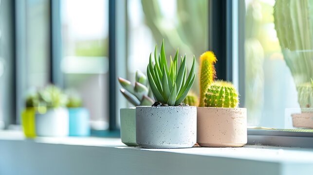 Cactus pot Concrete pot Closeup colorful round concrete planters with cactus and succulent plants on white wooden shelf near glass window : Generative AI
