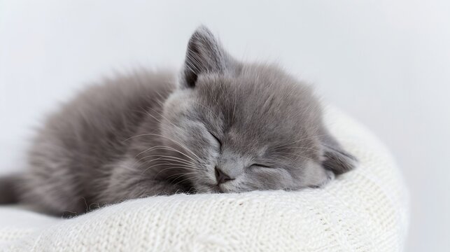 One week old small newborn kitten on a white background Cute little gray kitten sleeping curled up on a blanket closeupClose up of the faces of cute kitten lying on a cat pillow : Generative AI