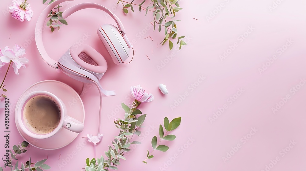 Poster blogger pastel background with coffee cup headphones and botanical elements flat lay : generative ai