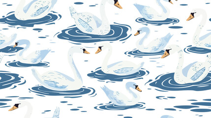 Seamless pattern with flock of white swans and cygnet - obrazy, fototapety, plakaty
