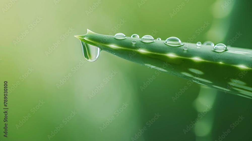 Poster aloe vera juice drop close up aloe vera leaf with aloe gel over green background with copy space : g