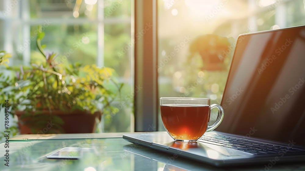 Poster home office concept designated work from home area near the window modern laptop with blurred screen