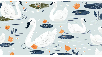 Seamless pattern with flock of white swans and cygnet