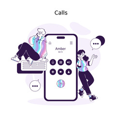 Individuals engage in a phone conversation, depicted next to a smartphone interface