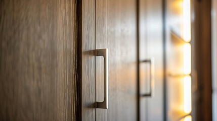 Cabinet detail closeup Modern wooden wardrobe with hinged doors Metal handle on the cabinet door Modern furniture : Generative AI