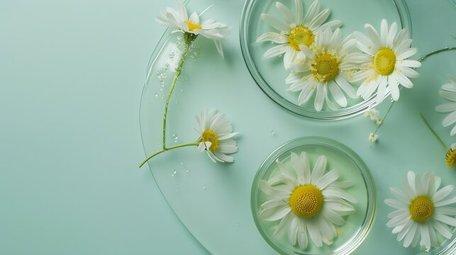 Top view of camomile matricaria chamomilla decorated in petri dish and transparent podium with blank space in laboratory background for design advertising flat lay : Generative AI