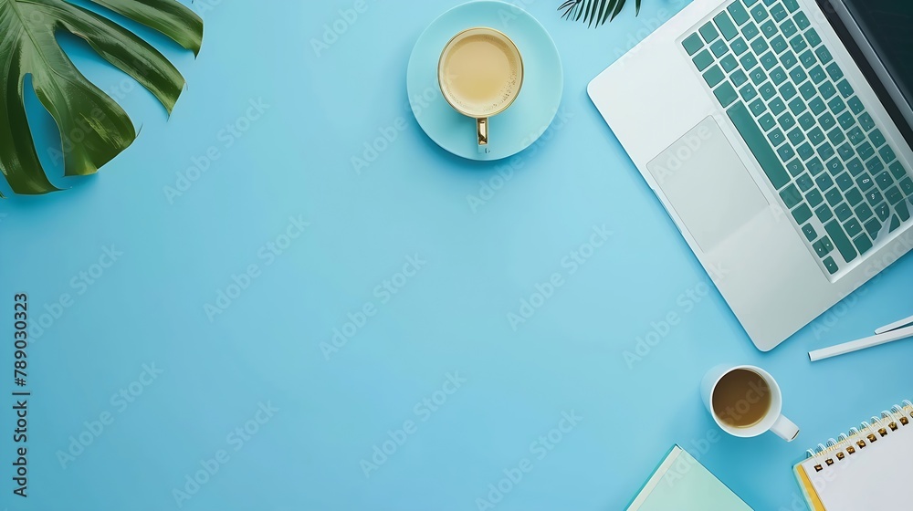 Poster minimal work space creative flat lay photo of workspace desk top view office desk with laptop notebo
