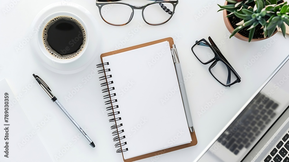 Poster workspace with notebook keyboard photo camera open notebook sketchbook and coffee on white background Flat lay top view office table desk : Generative AI