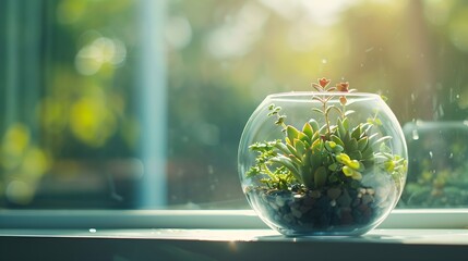 Mini succulent garden in glass terrarium on windowsill : Generative AI - obrazy, fototapety, plakaty