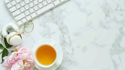 Female home office workspace with modern keyboard glasses headphones cup of tea and peony flowers on white marble background Top view Flat lay : Generative AI