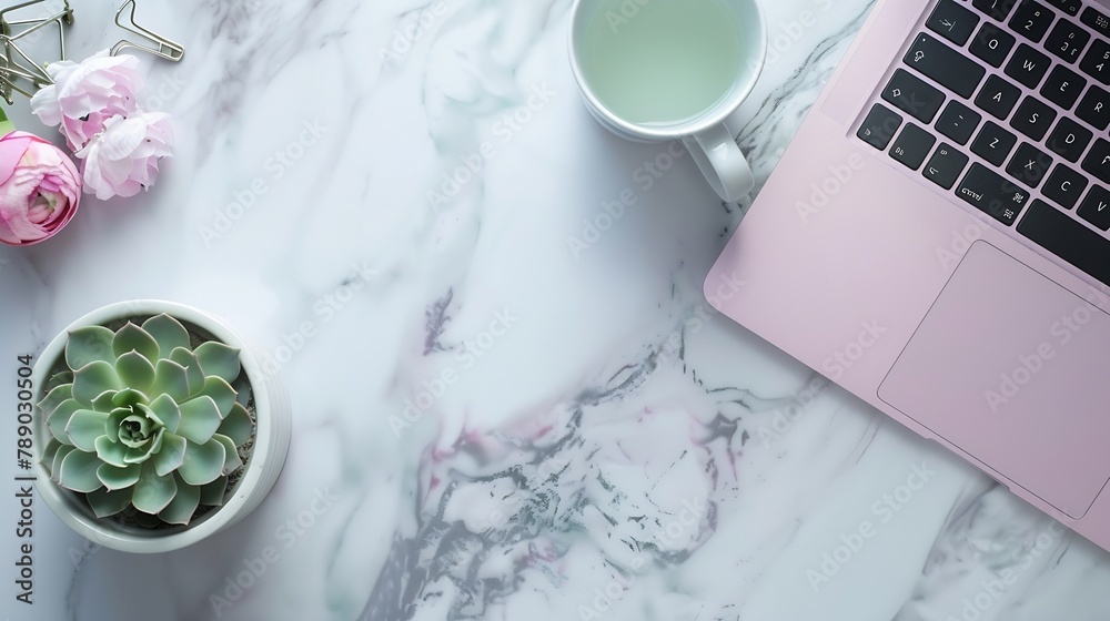 Poster good morning flat lay top view office table desk workspace with laptop diary succulent and clips on 
