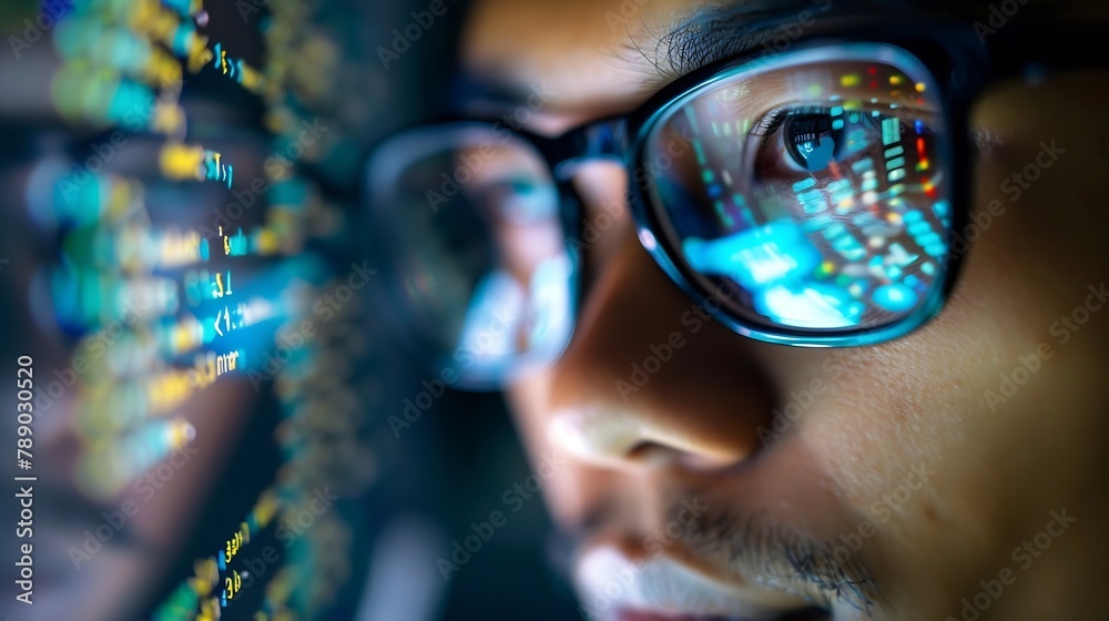 Poster Closeup Portrait of Software Engineer Working on Computer Line of Code Reflecting in Glasses Developer Working on Innovative eCommerce Application using Machine Learning AI Algorithm B : Generative AI