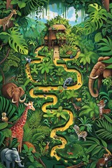 Obraz premium Jungle Adventure Maze Navigate through dense foliage and past exotic animals to reach the jungle hut Ideal for engaging kids with wildlife themes