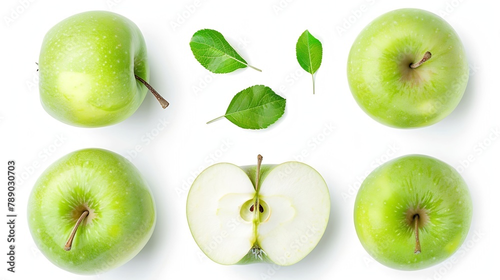 Aufkleber flat lay of fresh green apple fruit with cut in half and slice isolated on white background : genera