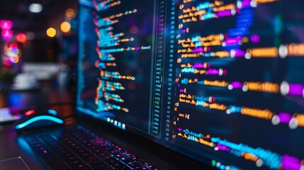 Abstract visualization of programming code with software development concepts on a digital background