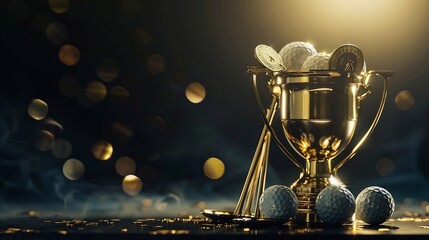 Gold cup with prize medals golf club and balls on dark background : Generative AI