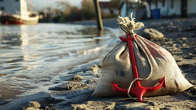 Sandbag as an anchor of a red signal buoy lay at coastline