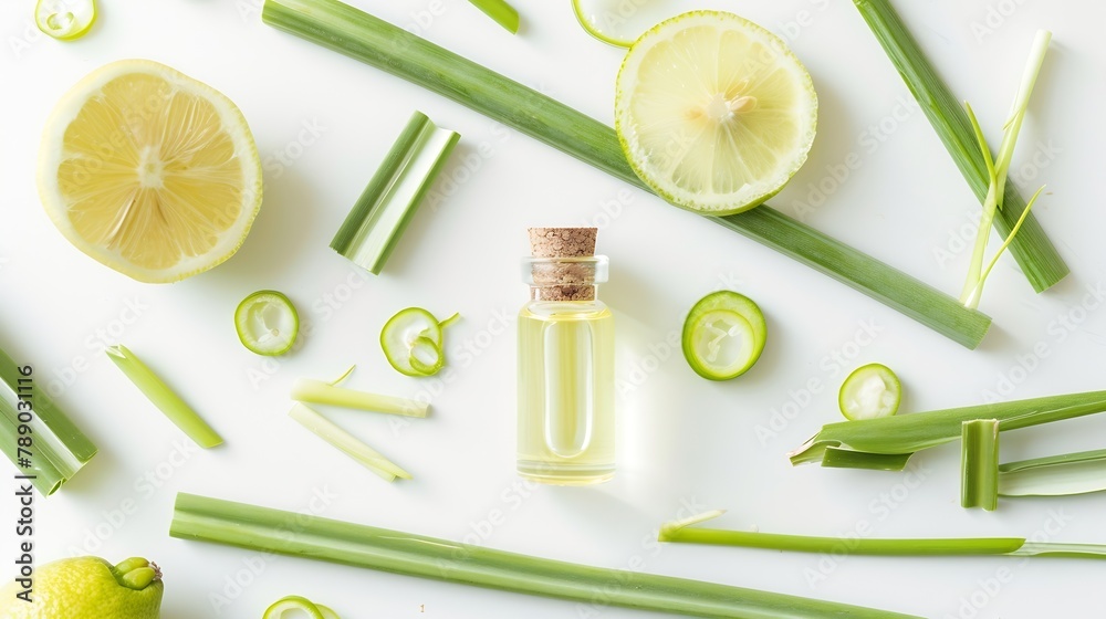 Poster lemongrass essential oil with lemon grass slice isolated on white background top view flat lay : gen