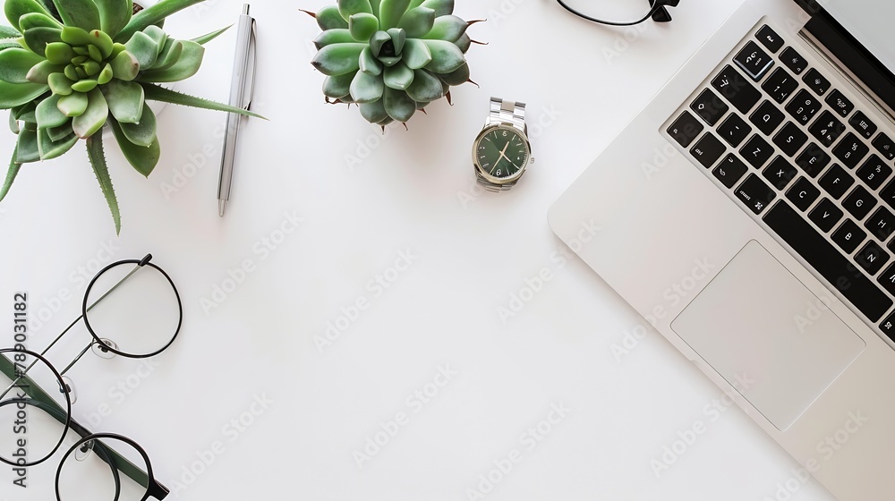 Poster flat lay top view office table desk frame feminine desk workspace with laptop diary succulent glasse