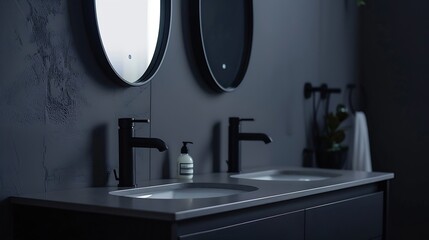 Close up of double basin with oval mirror hanging in on dark gray wall modern cabinet with black...