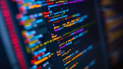 Abstract visualization of programming code with software development concepts on a digital background