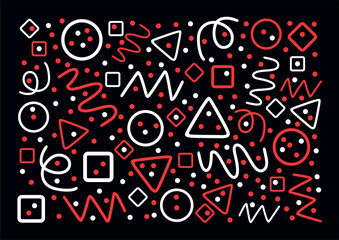 Black, red and white pattern shapes. Circles, triangles, serpentine, dots, squares, rhombus and zigzag. Fun line doodle shape background.